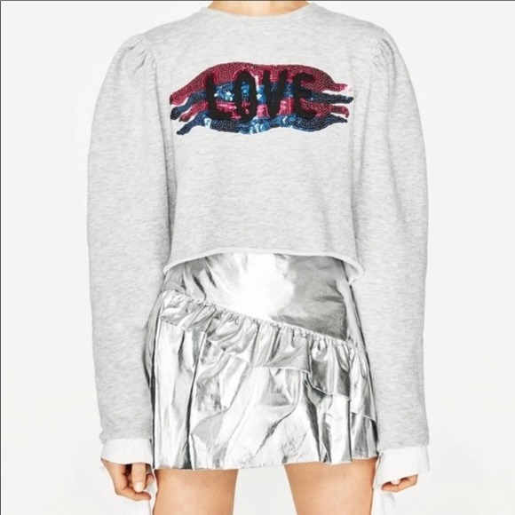 Zara Tops - Zara Love Sequin Puffed Sleeve Sweater Crop Gray small new